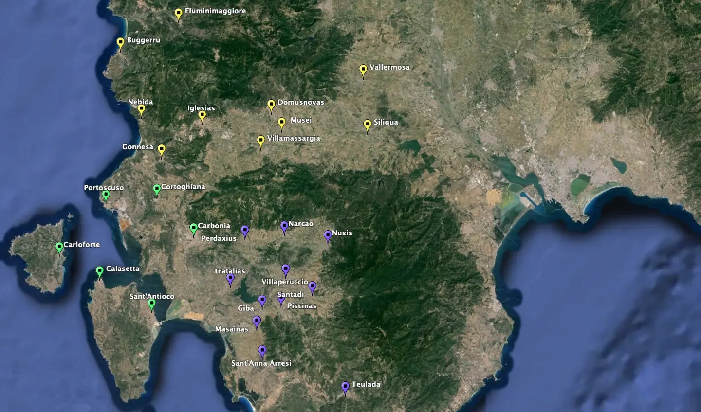 Mappa del Sud Ovest della Sardegna con i comuni serviti da SITEG